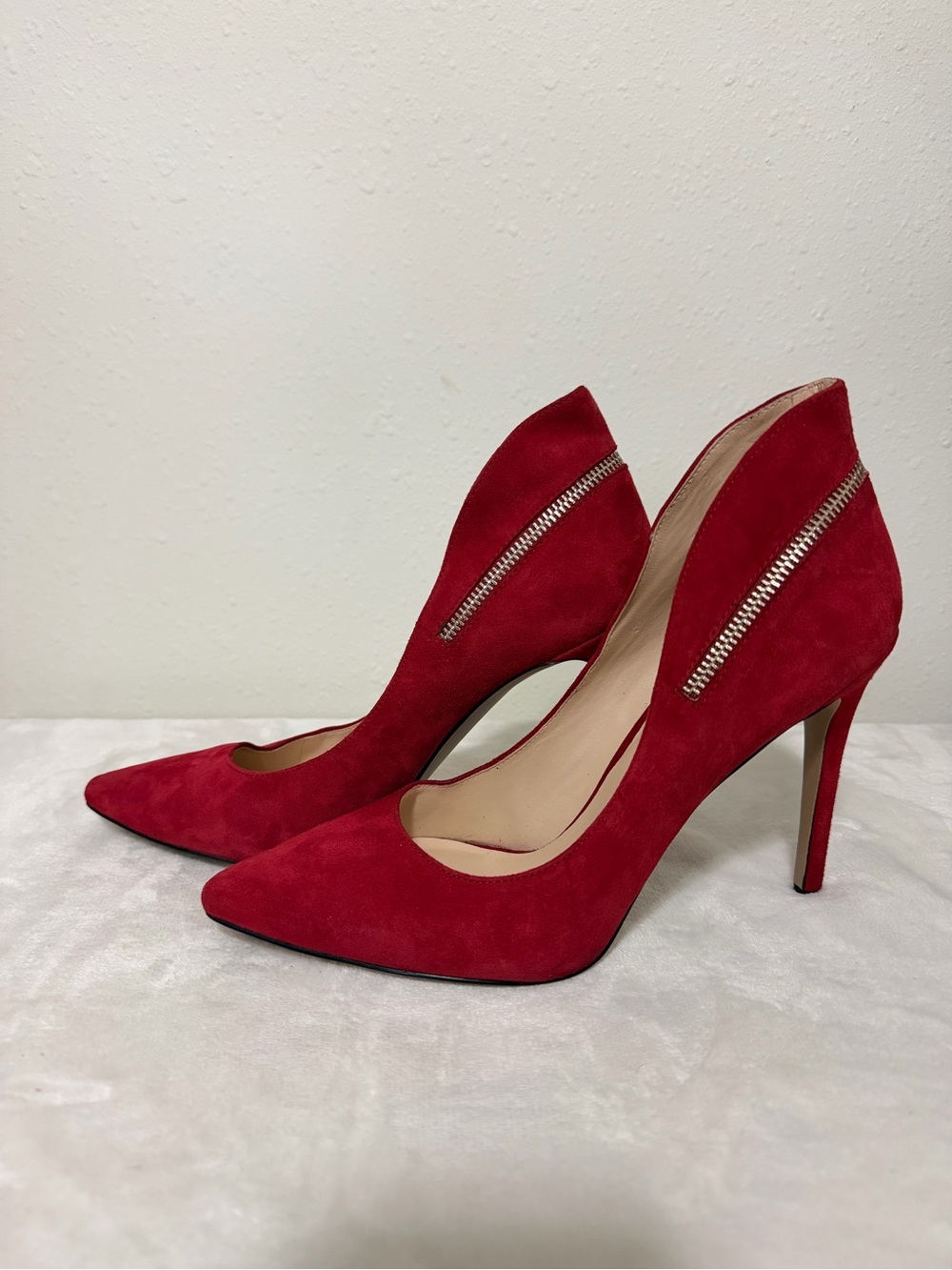 Nine West Red Suede Pointed Toe Stiletto Pumps with Zipper Detail